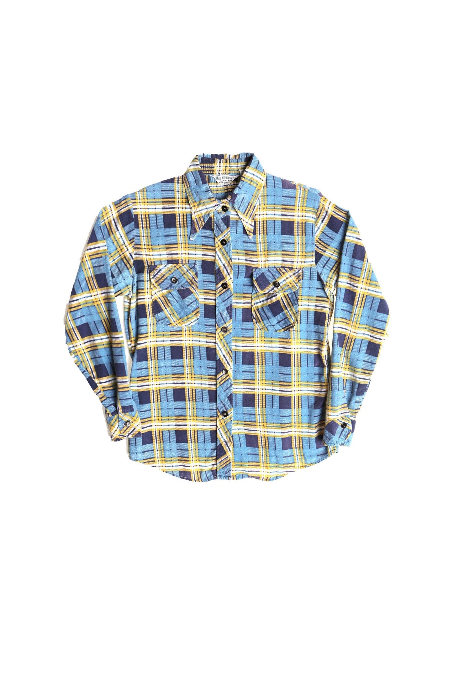 Vintage men 70's flannel shirt plaid blue yellow size 32 button up lumberjacket