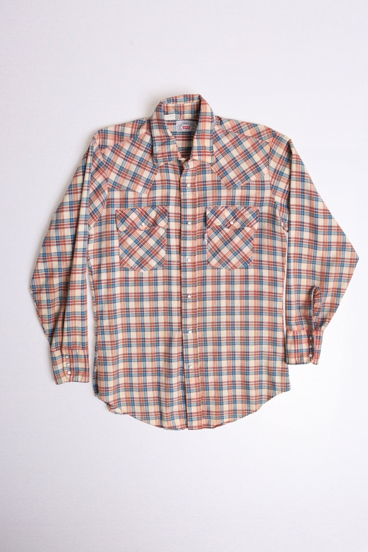 70's men plaid levi's western shirt cotton blue orange white size medium