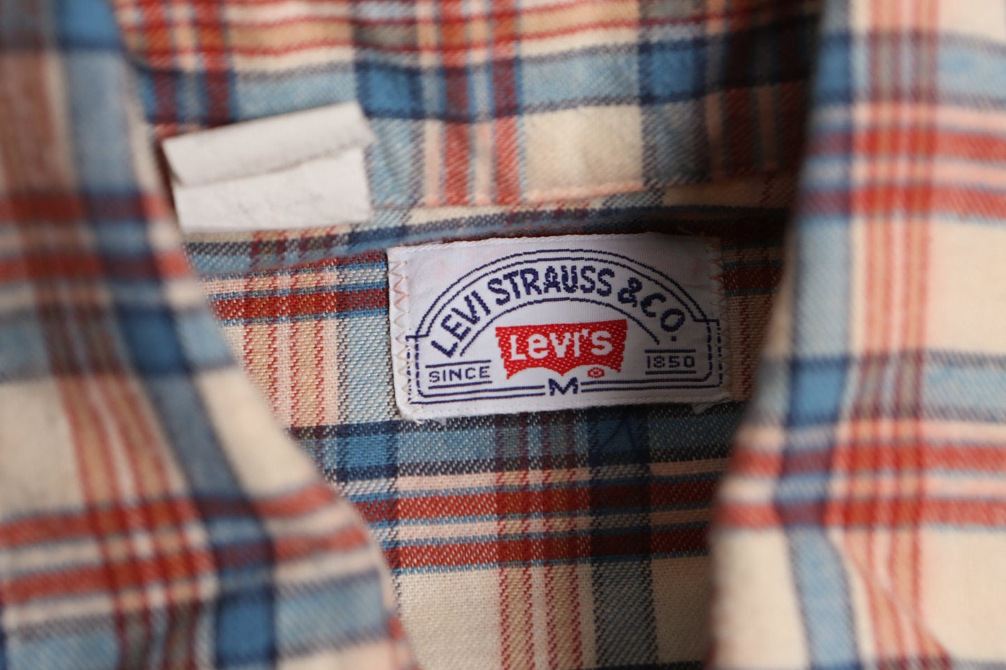 70's men plaid levi's western shirt cotton blue orange white size medium