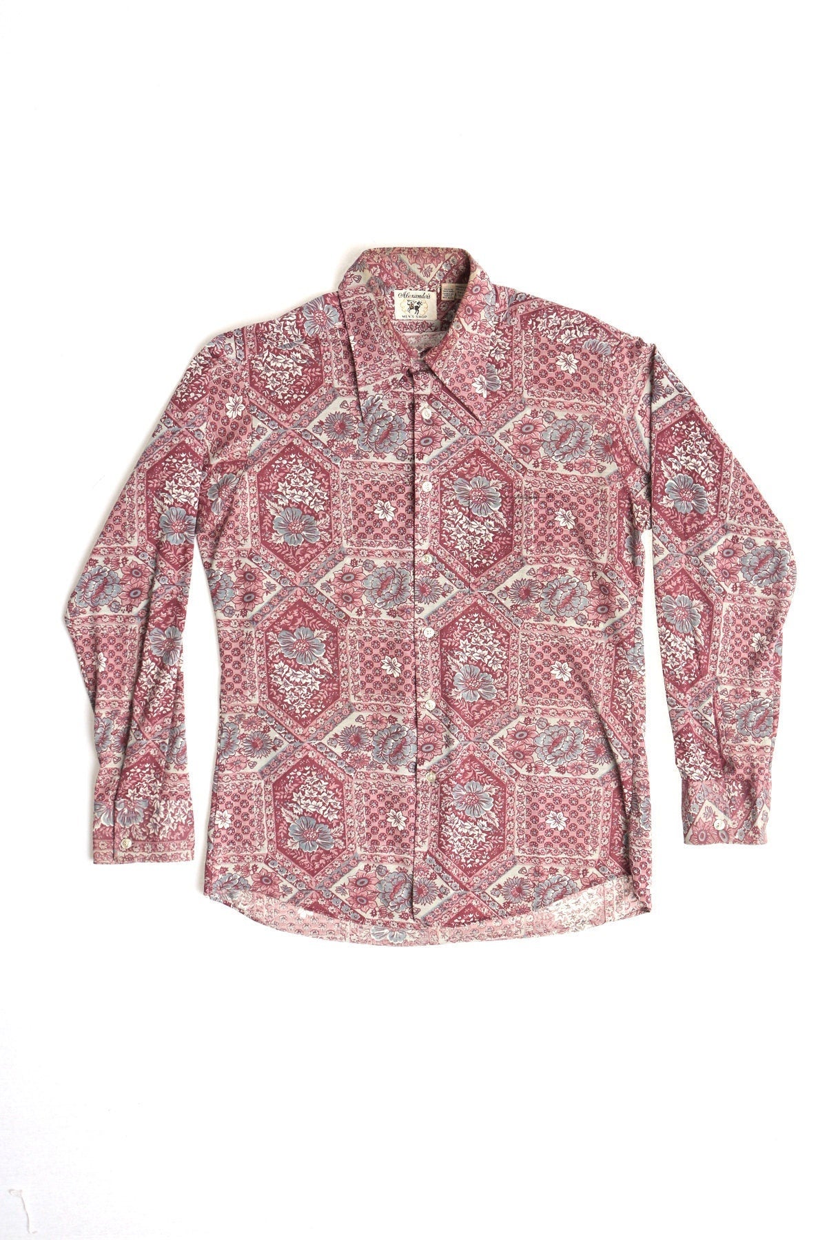 Vintage 70's floral print long sleeve men boho 60's red pink white collared