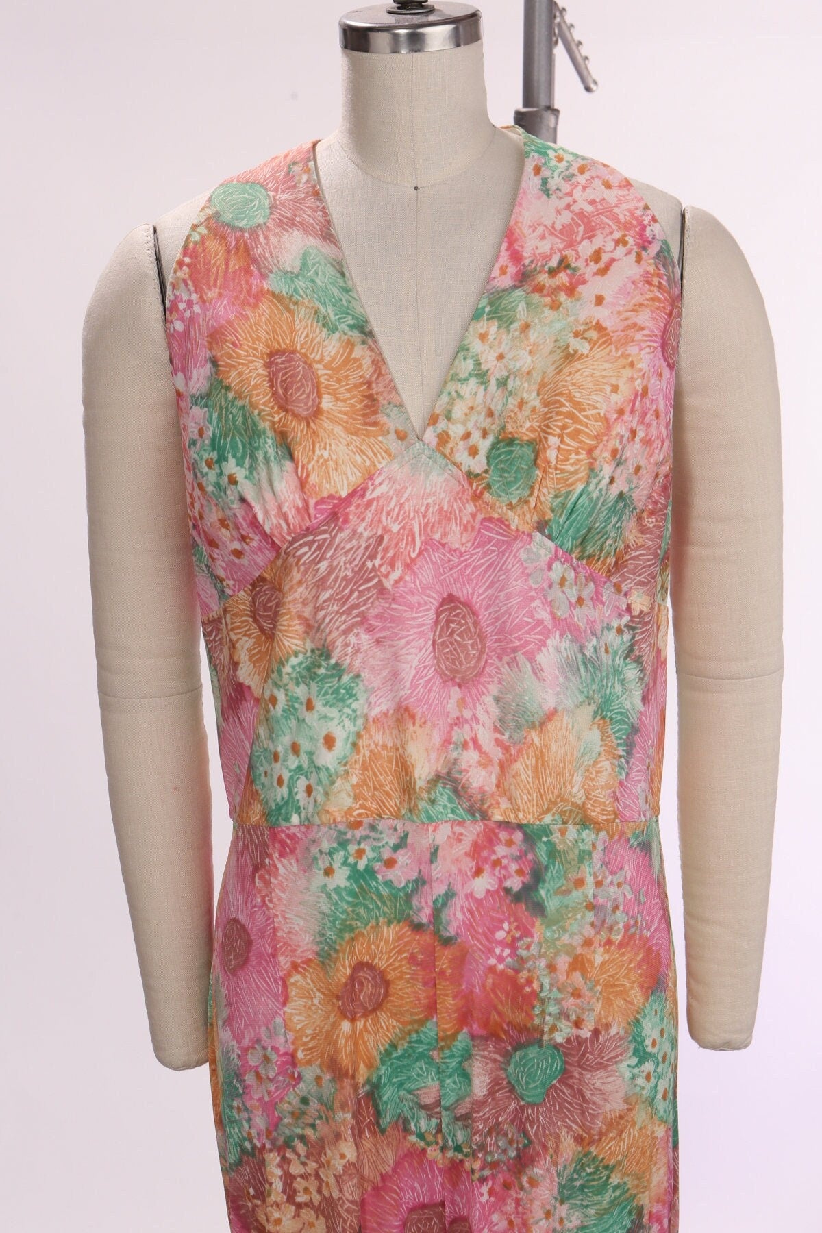Vintage 70's polyester jumpsuit disco hippie floral pink orange halter women studio 54