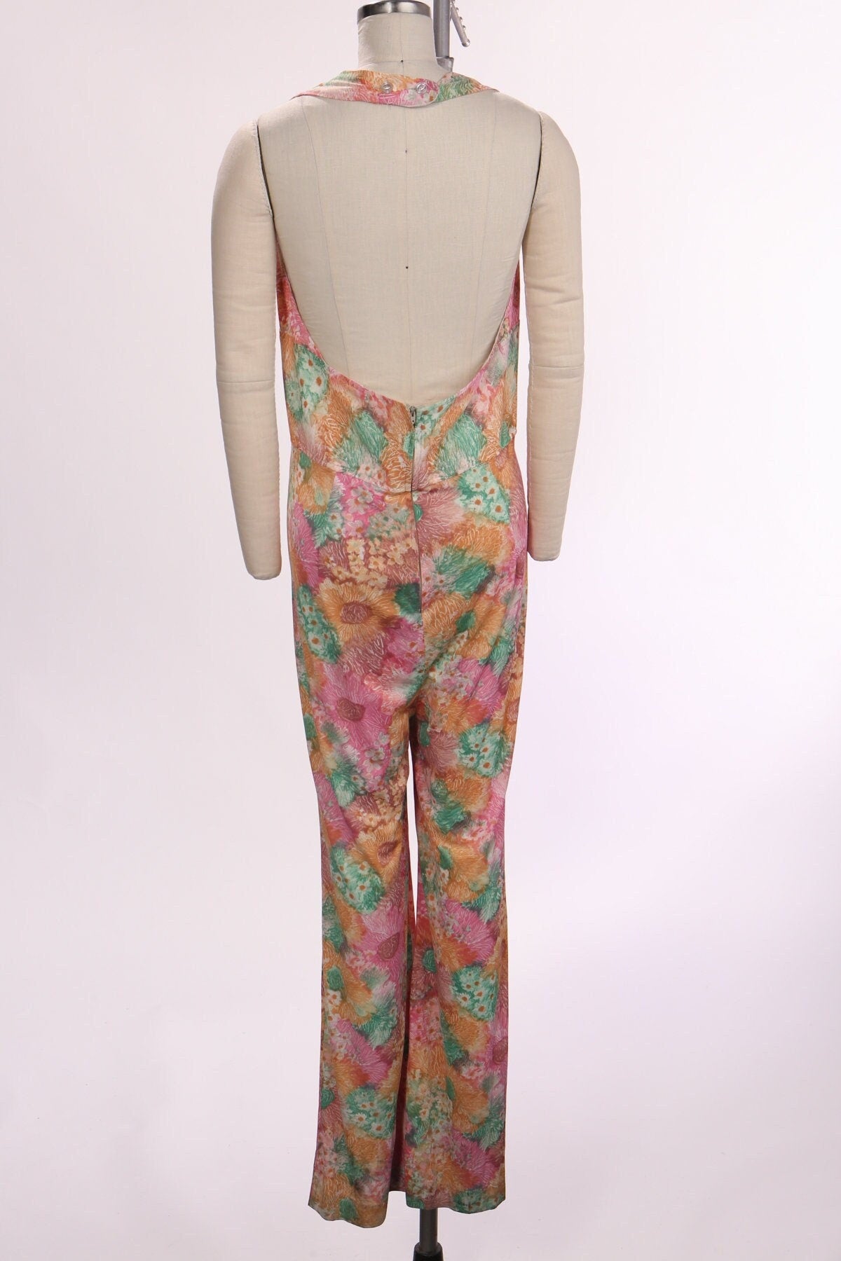 Vintage 70's polyester jumpsuit disco hippie floral pink orange halter women studio 54