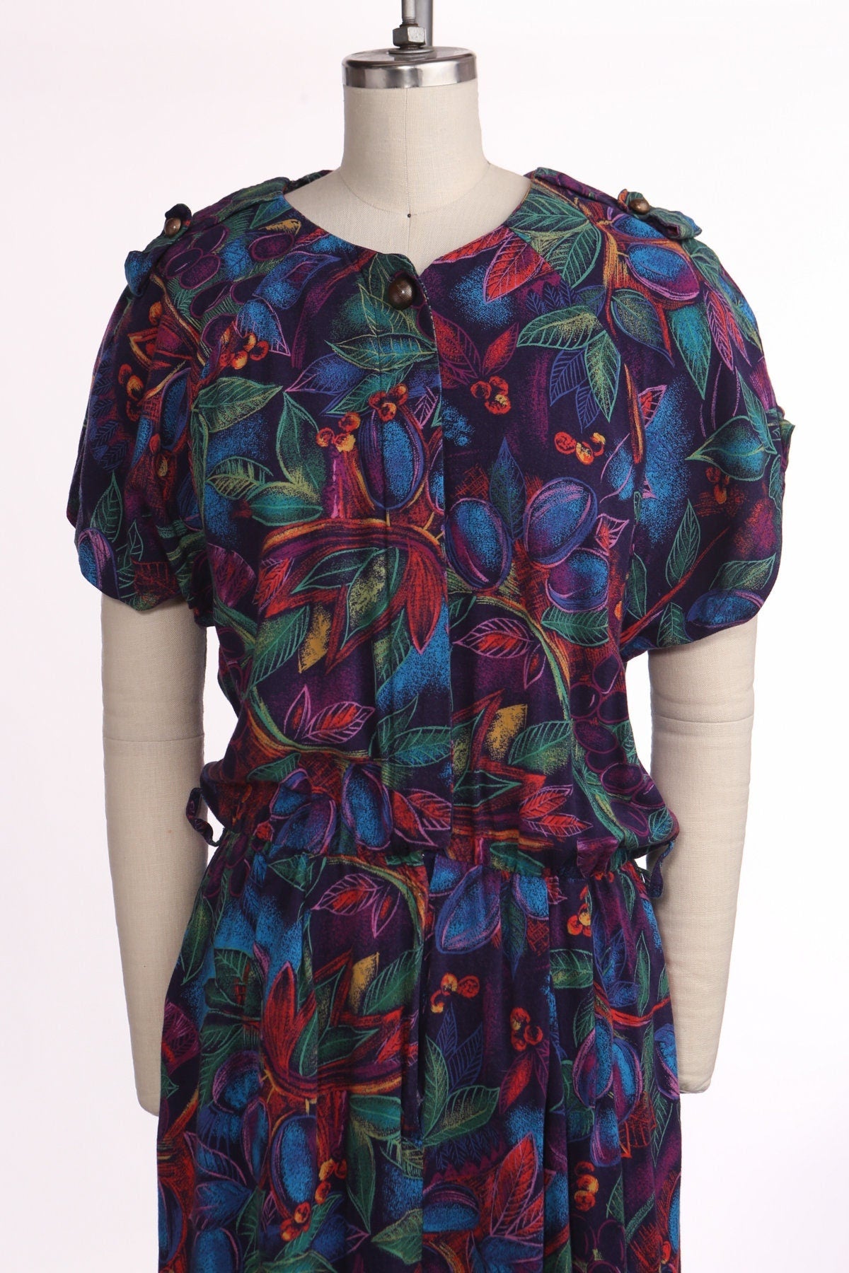 Vintage 90's women rayon purple summer dress button closure romper plants