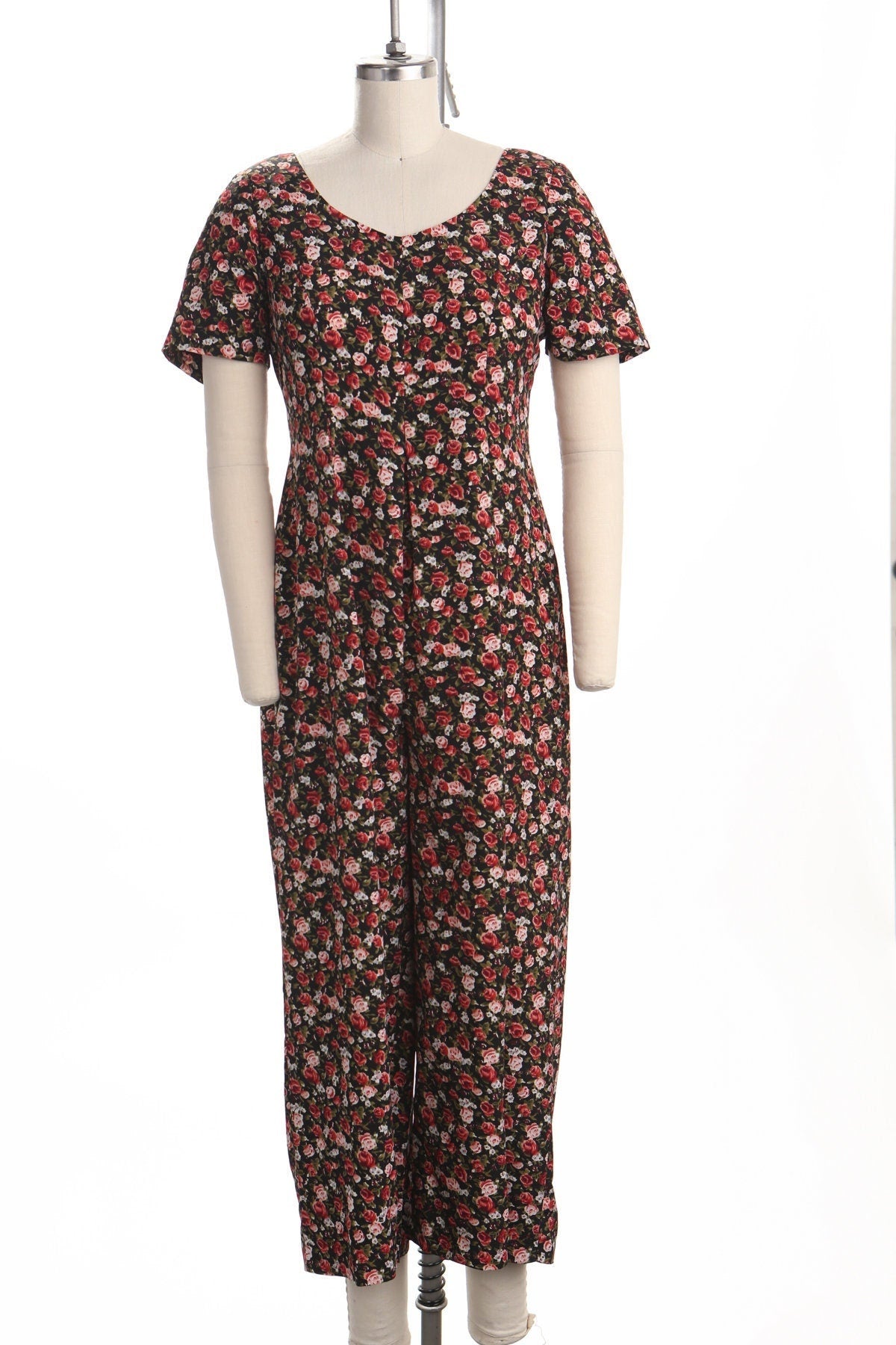 Vintage jumpsuit romper 90's floral red black summer casual rayon