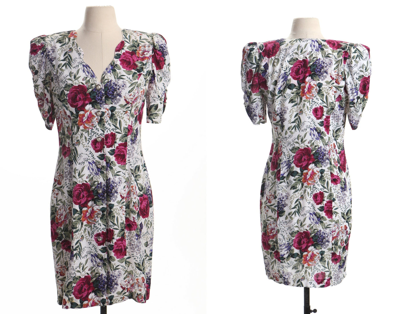 Vintage floral print white red roses casual rayon pearl button front closure shoulder pads