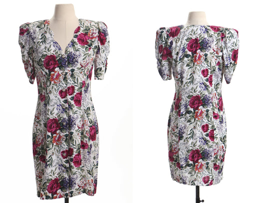 Vintage floral print white red roses casual rayon pearl button front closure shoulder pads