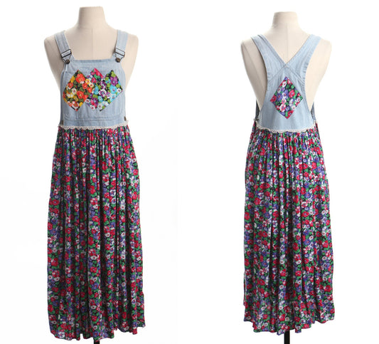 Vintage floral print overall top summer long dress costume made 90's