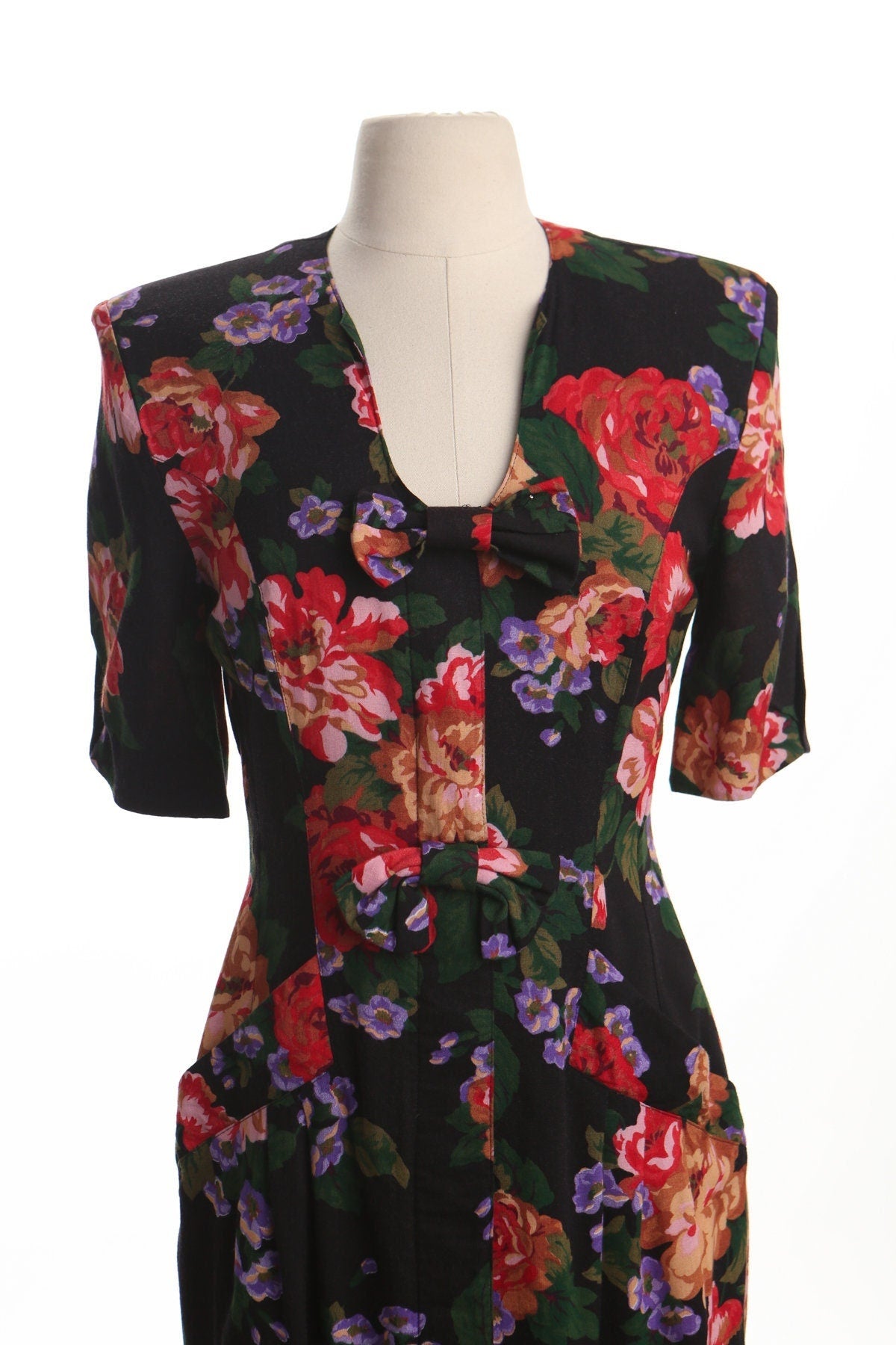 Vintage 90's casual black floral print dress 80's women summer