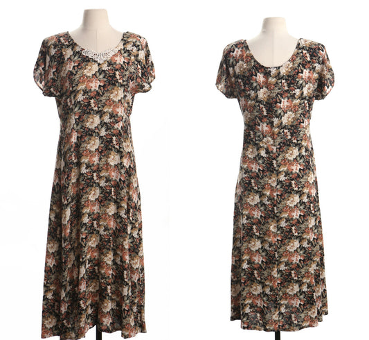 Vintage 90's floral summer dress print rayon women lace