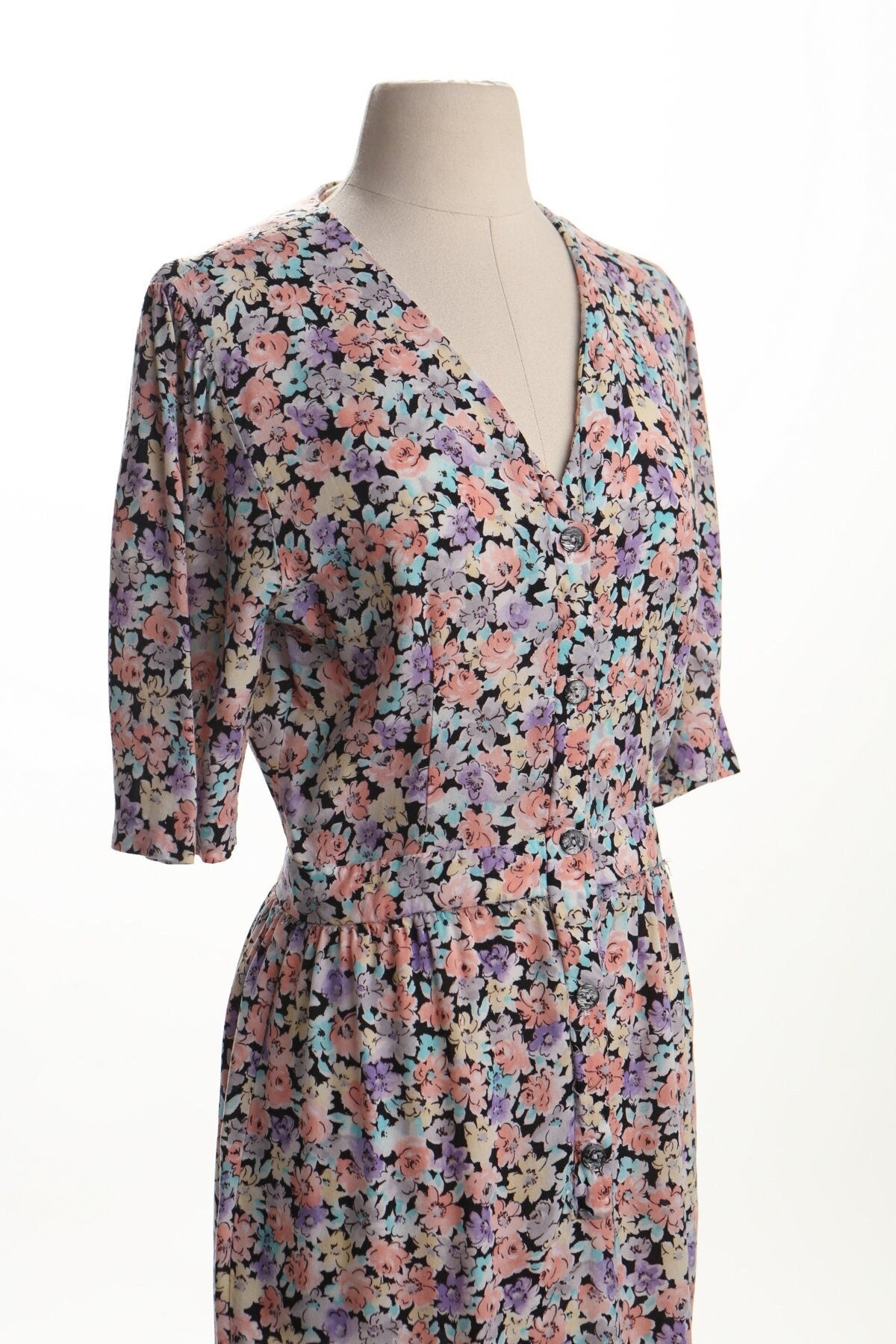 Vintage women 80's polyester floral print dress pink v neck 90's casual summer