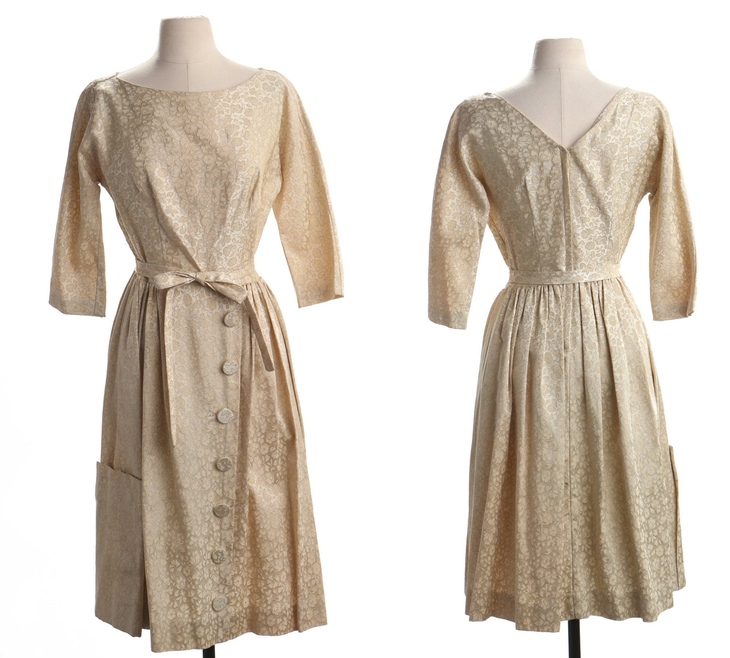 Vintage 50's eveining casual dress biege vicky vaughn ball gown women formal long sleeve