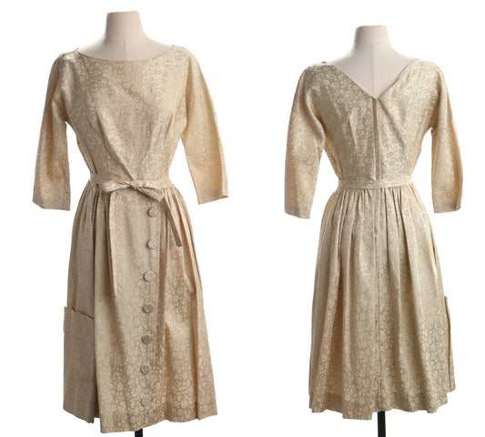 Vintage 50's eveining casual dress biege vicky vaughn ball gown women formal long sleeve