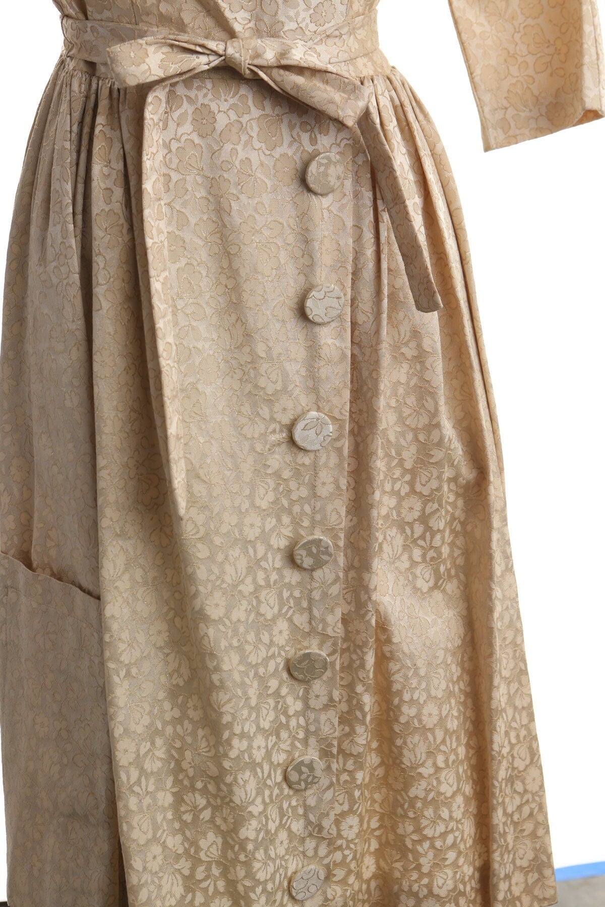 Vintage 50's eveining casual dress biege vicky vaughn ball gown women formal long sleeve