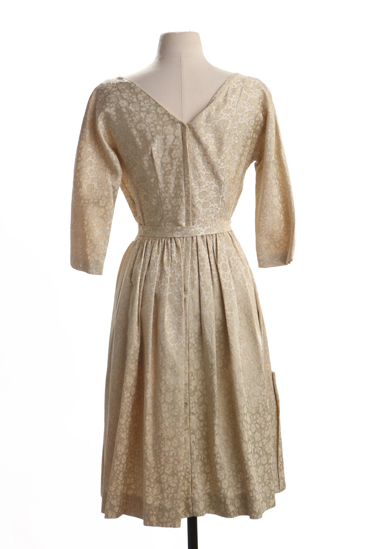 Vintage 50's eveining casual dress biege vicky vaughn ball gown women formal long sleeve