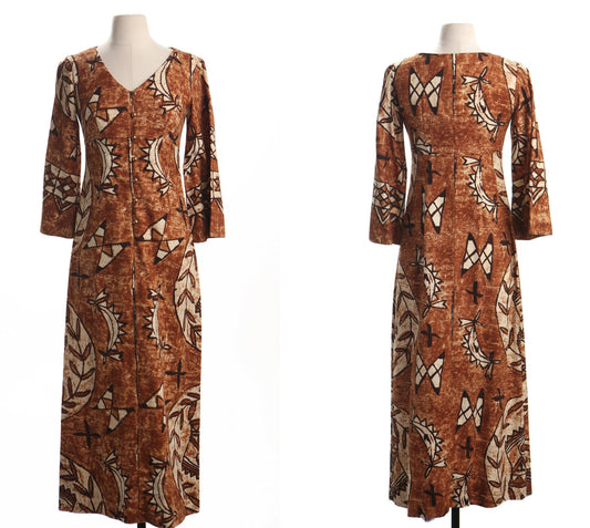 Vintage 60's 70's hawaiian dress kaftan hawaii women brown long sleeve v neck