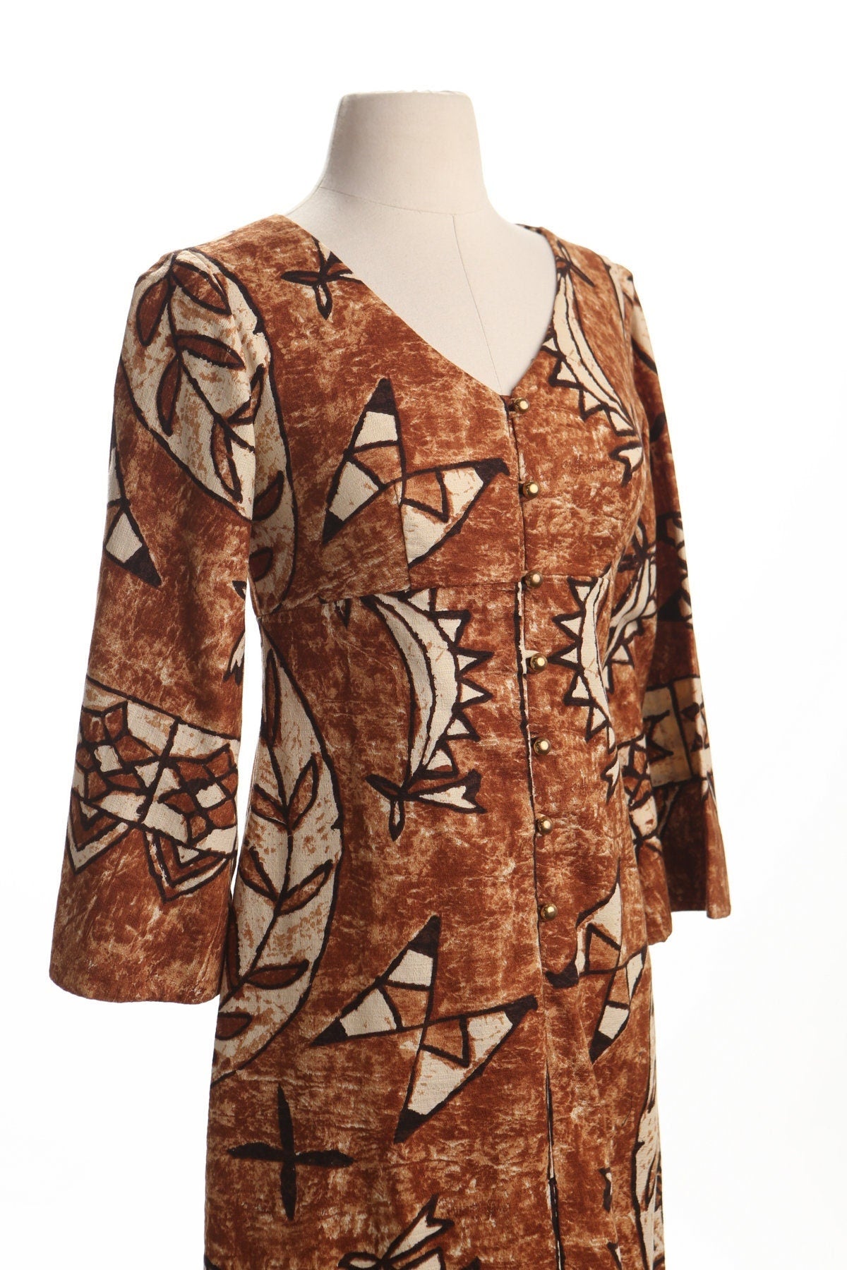 Vintage 60's 70's hawaiian dress kaftan hawaii women brown long sleeve v neck