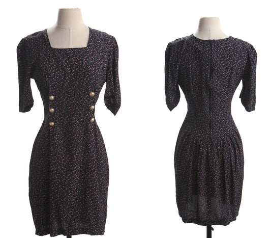 Vintage 90's rayon black floral casual women dress pearl button back zipper closure