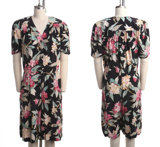 Vintage summer flora plant flower dress romper black casual 90's v neck button women