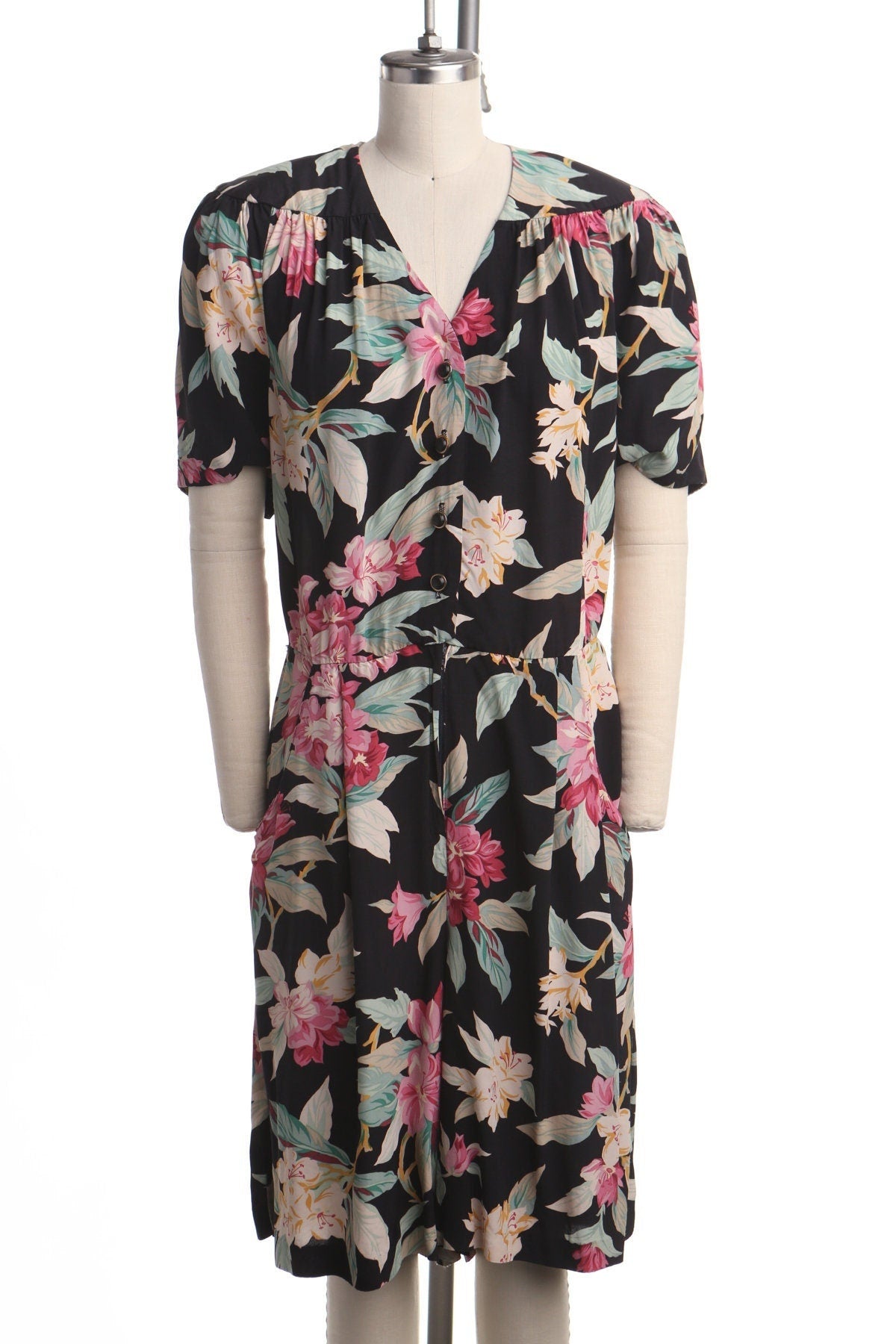 Vintage summer flora plant flower dress romper black casual 90's v neck button women