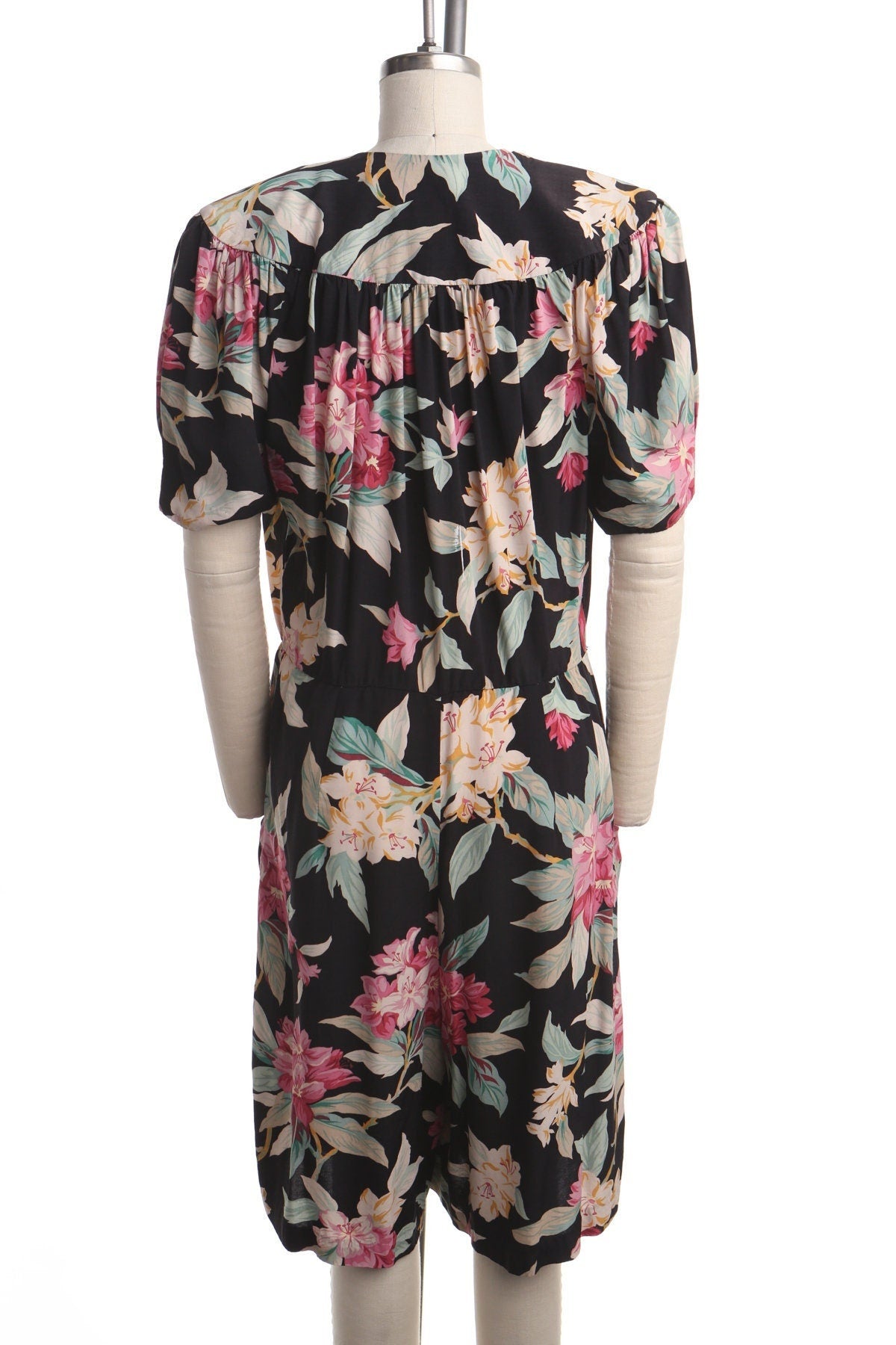 Vintage summer flora plant flower dress romper black casual 90's v neck button women