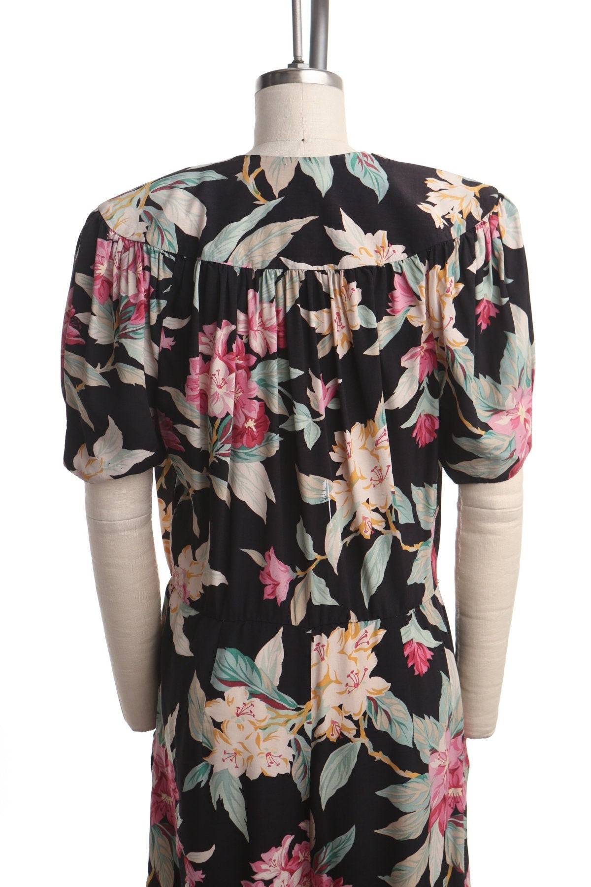 Vintage summer flora plant flower dress romper black casual 90's v neck button women