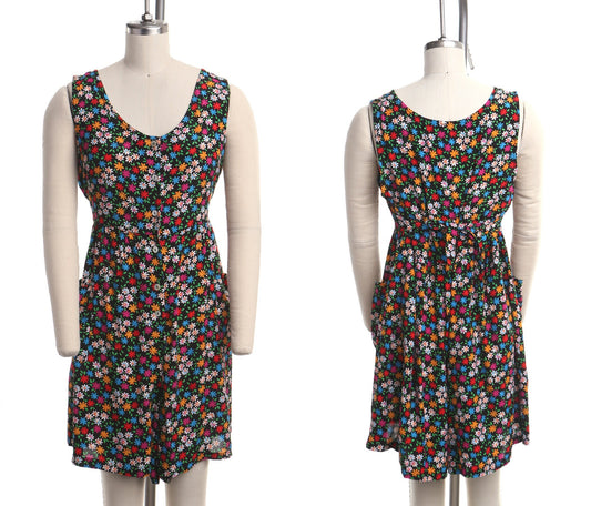 Vintage 90's summer floral black flower dress women y2k spring rayon