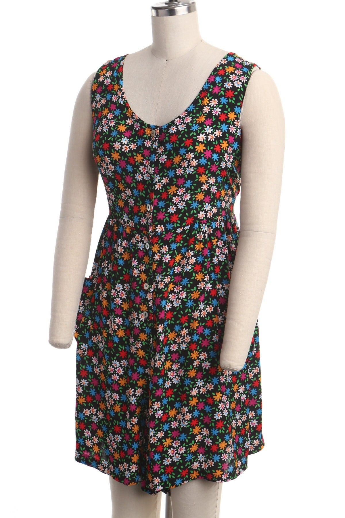 Vintage 90's summer floral black flower dress women y2k spring rayon