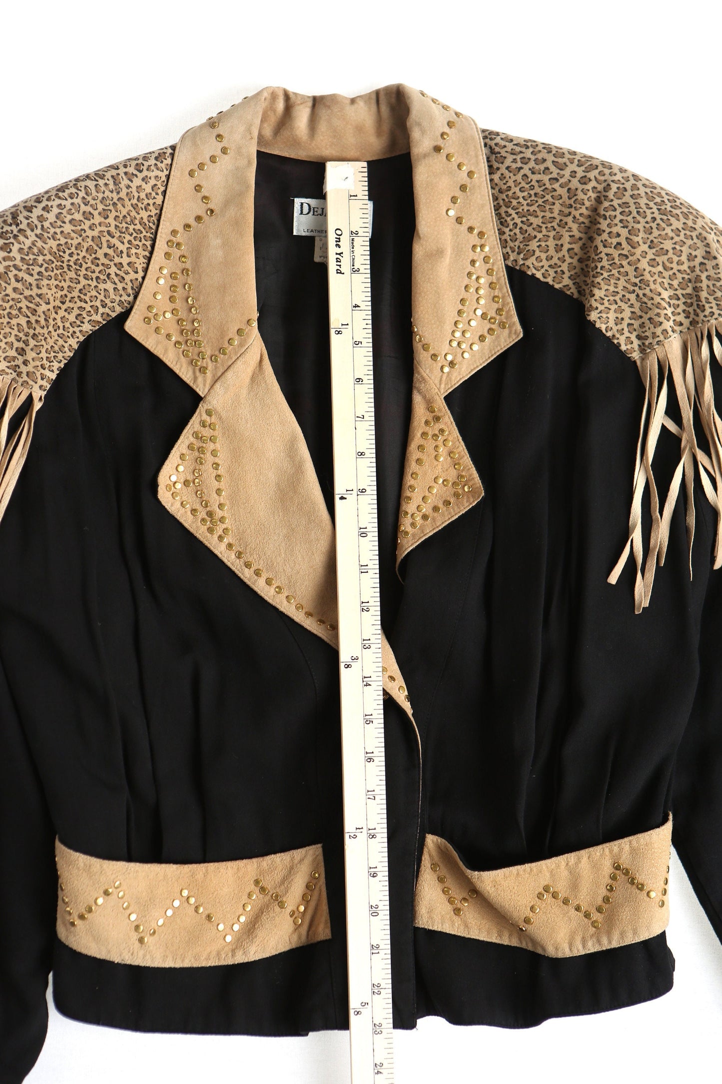 Women vintage suded fringe jacket studded high waist 90's cheetah print mae in usa