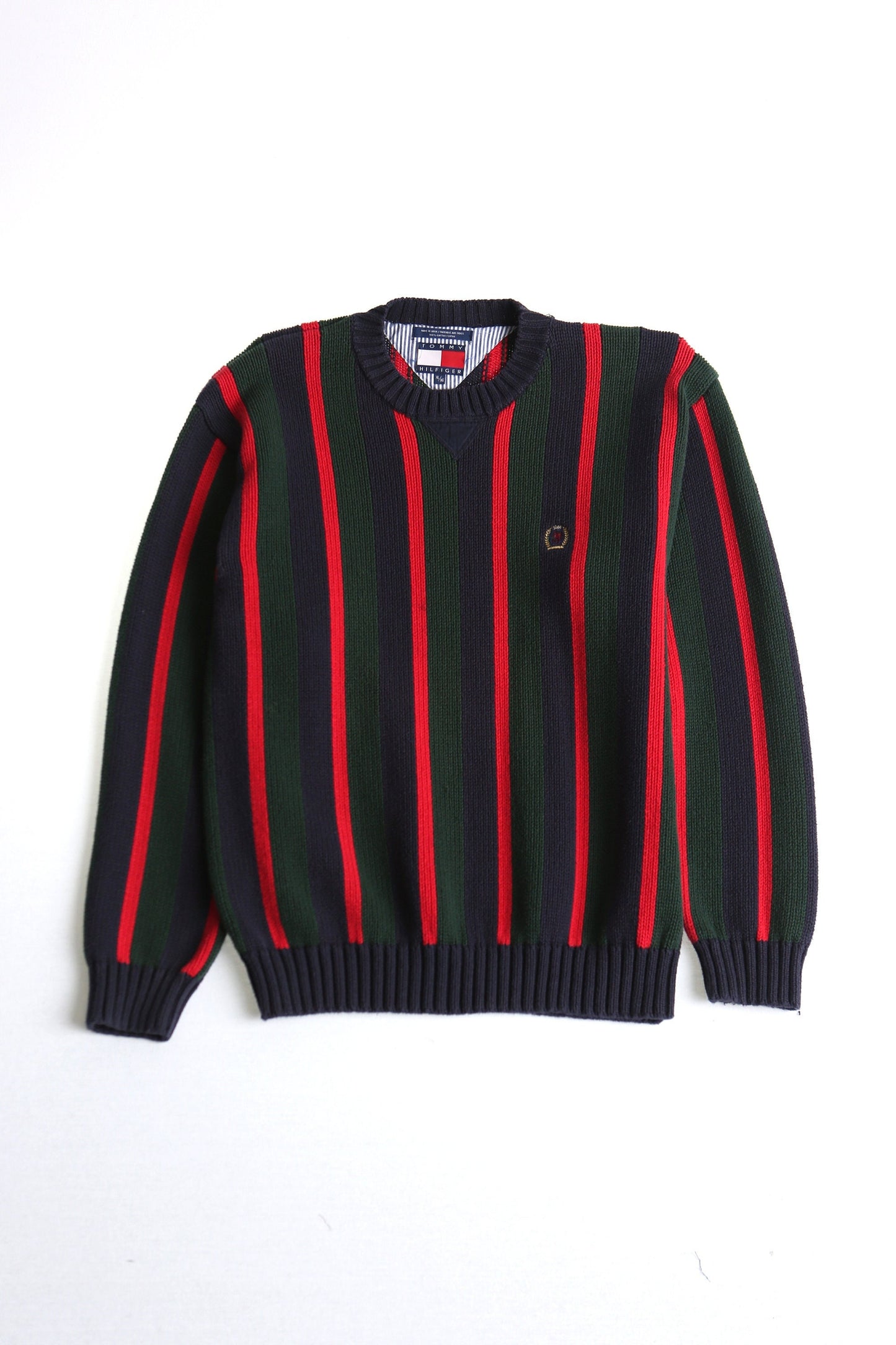 Tommy hilfiger crew neck sweater striped green blue red xl men