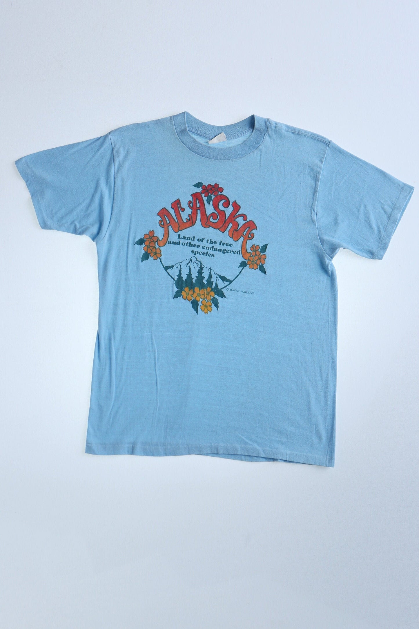 Alaska graphic print t-shirt blue 70's hippie land of the free and other endangered species nature mountains' flowers