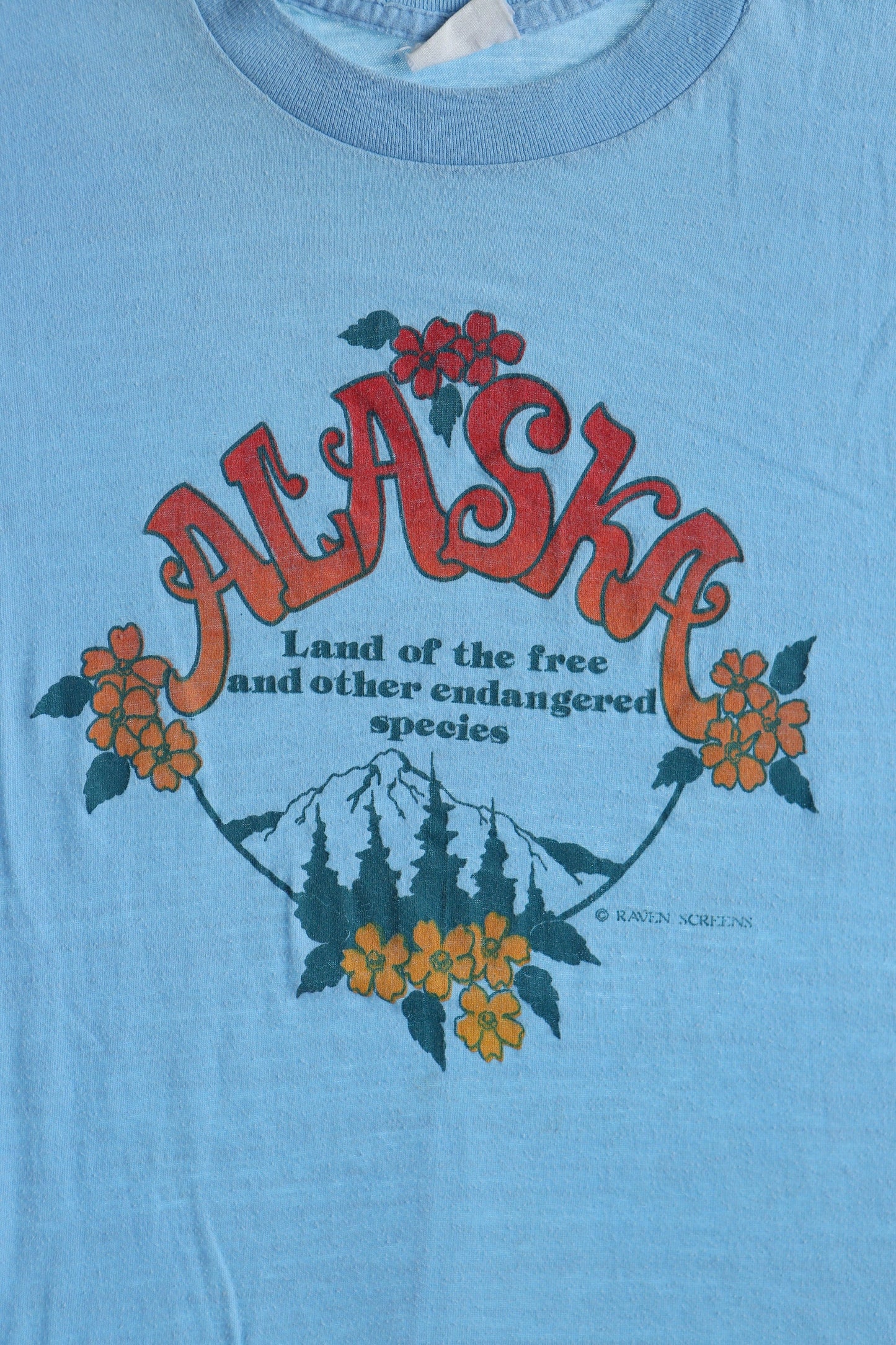 Alaska graphic print t-shirt blue 70's hippie land of the free and other endangered species nature mountains' flowers