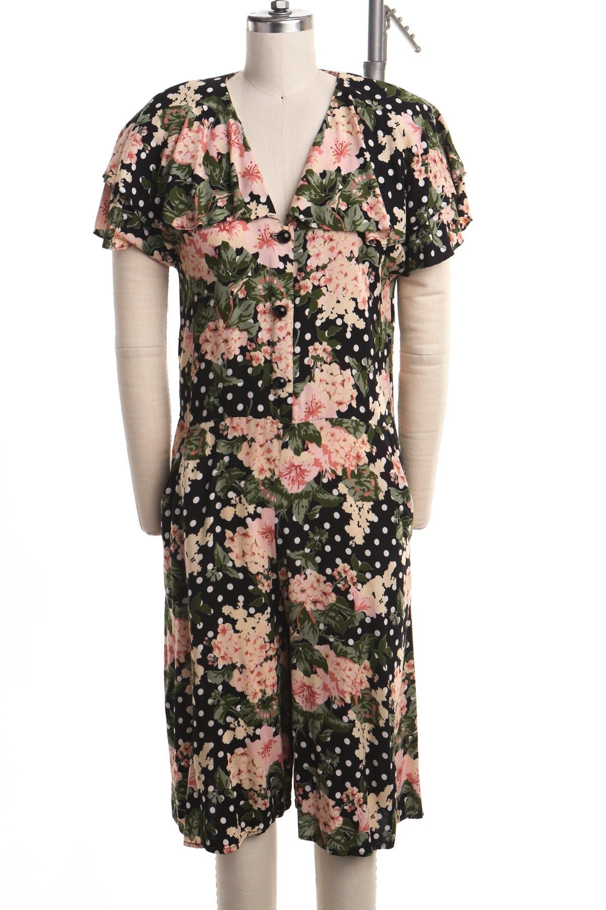 Vintage romper black pink flower summer rayon dress 90's casual y2k women