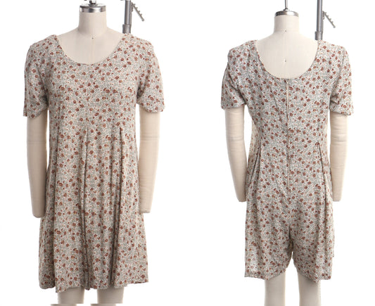 Vintage 90's romper beige floral short rayon summer women casual