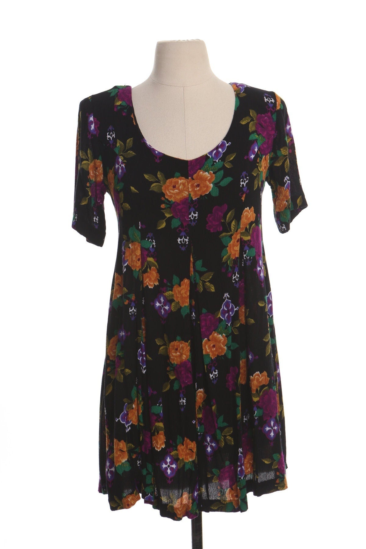 Vintage 90's floral print summer dress maxi rayon spring short sleeve black