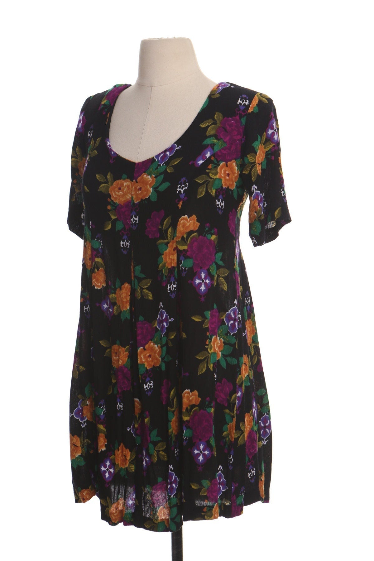 Vintage 90's floral print summer dress maxi rayon spring short sleeve black