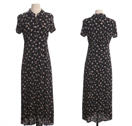 Vintage black floral dress summer 90's made in usa 6 size women