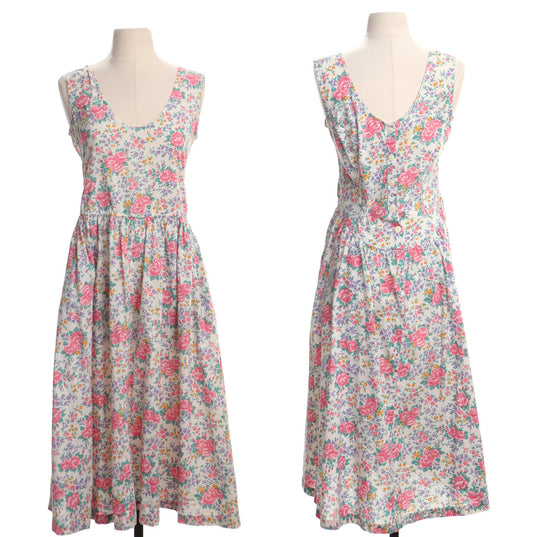 Vintage floral print cotton summer dress white 80's women maxi spring