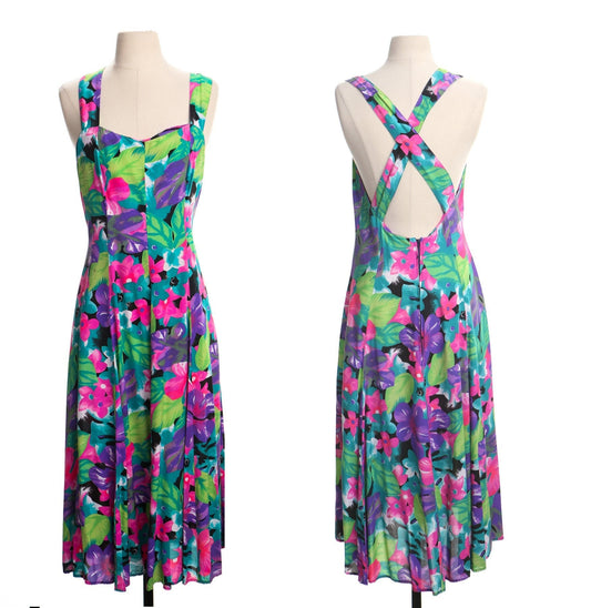 Vintage summer floral print 90's women neon color strap casual green purple