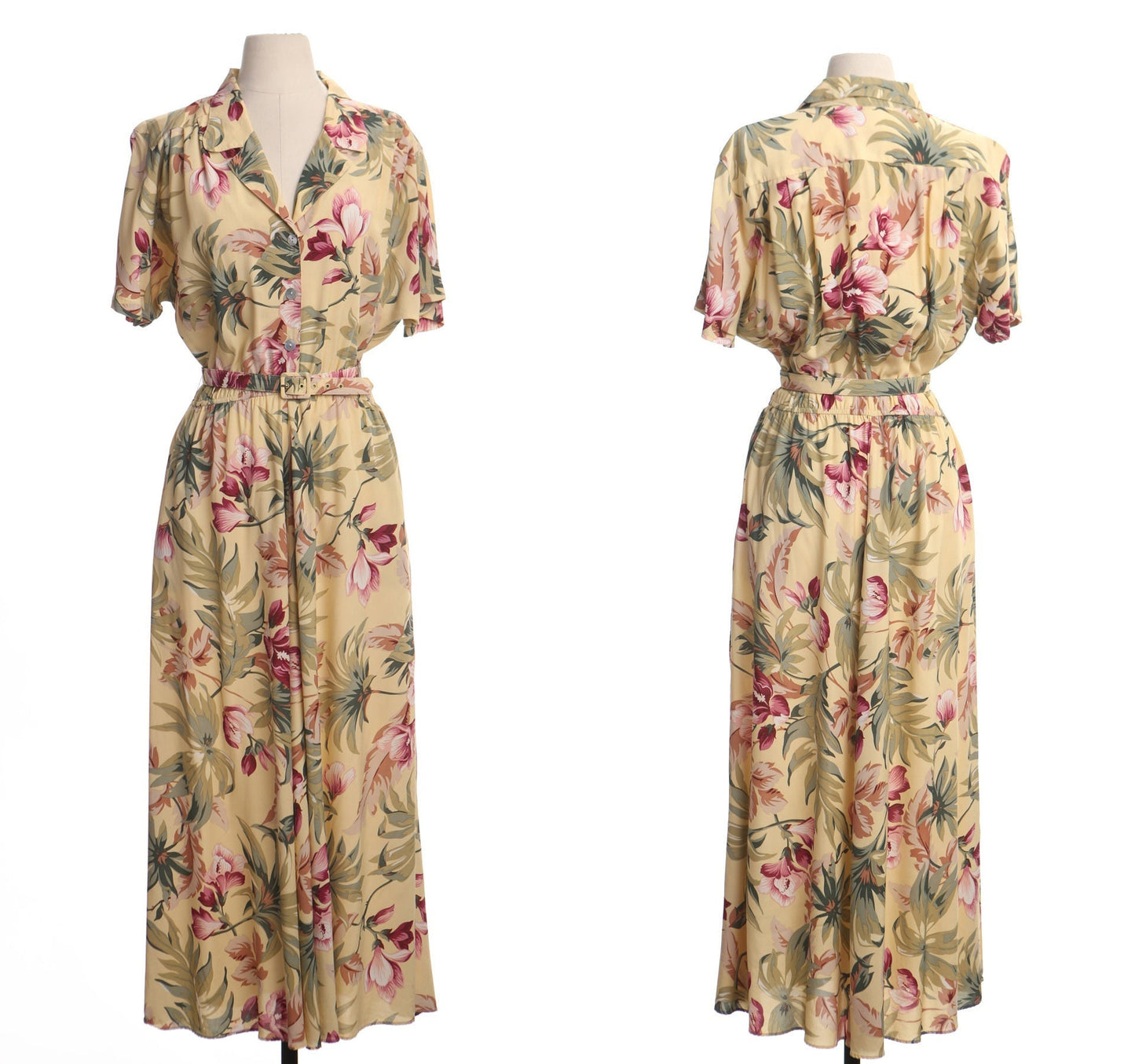 Vintage yellow hawaiian print summer maxi dress 90's casual women spring