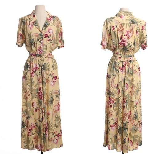 Vintage yellow hawaiian print summer maxi dress 90's casual women spring