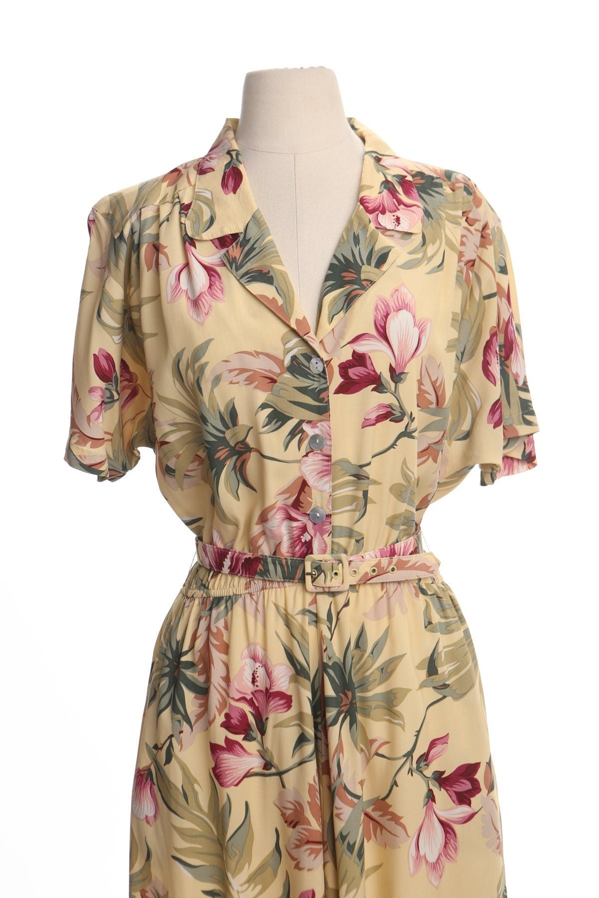 Vintage yellow hawaiian print summer maxi dress 90's casual women spring