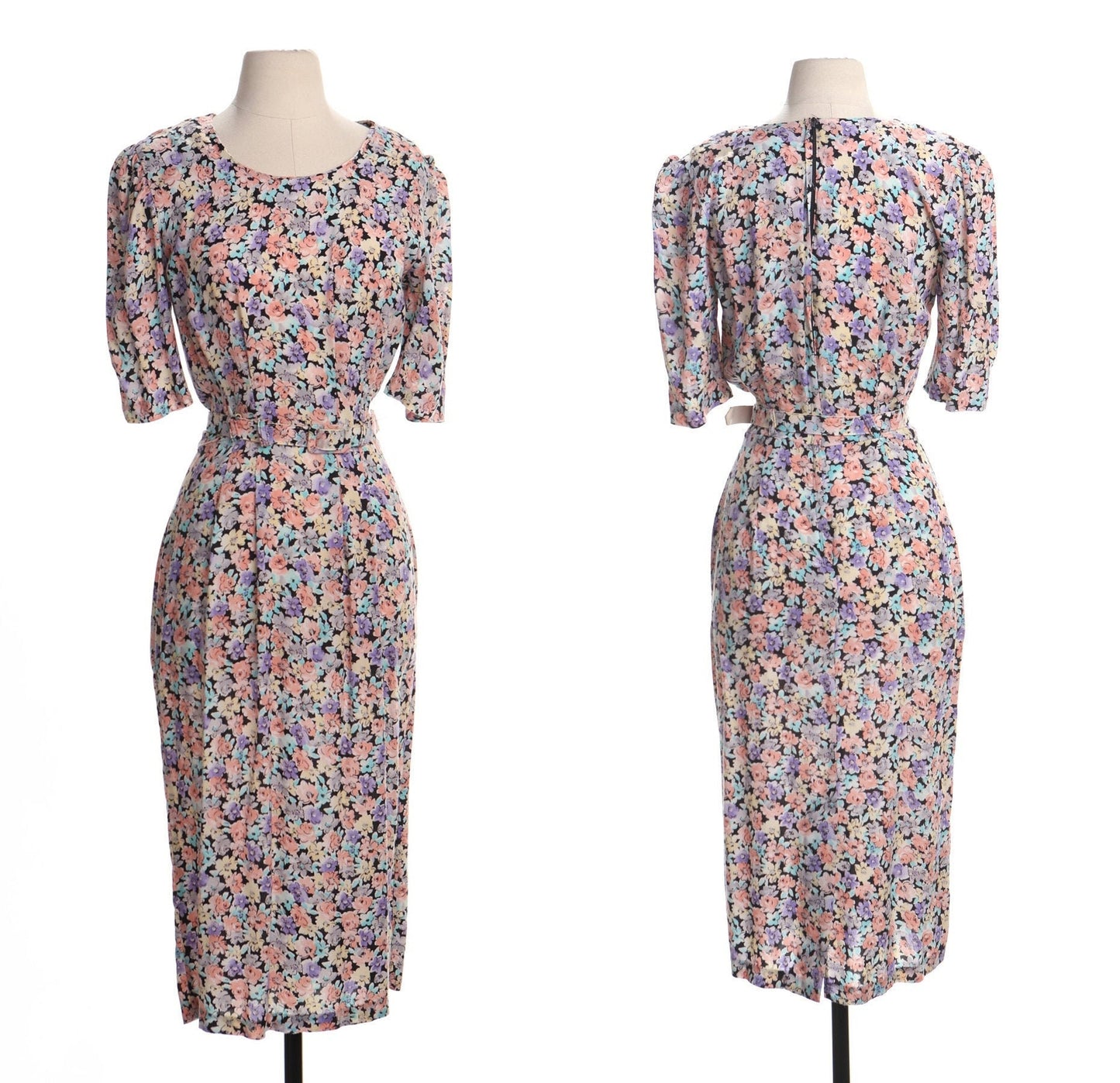 Vintage floral print summer maxi dress 90's pink waist belt casual 80's