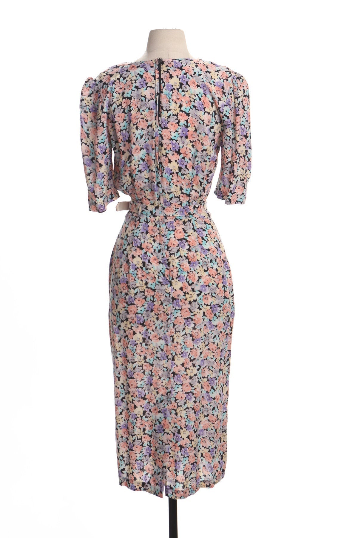 Vintage floral print summer maxi dress 90's pink waist belt casual 80's