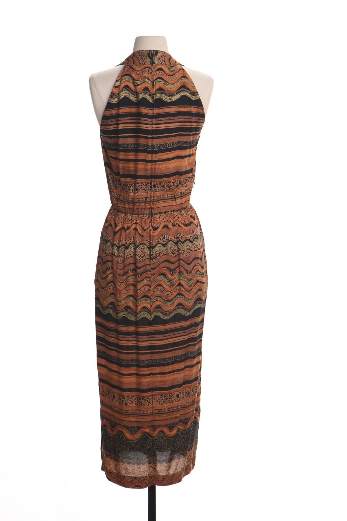 Vintage dress 90's rayon summer casual evening women black halter orange