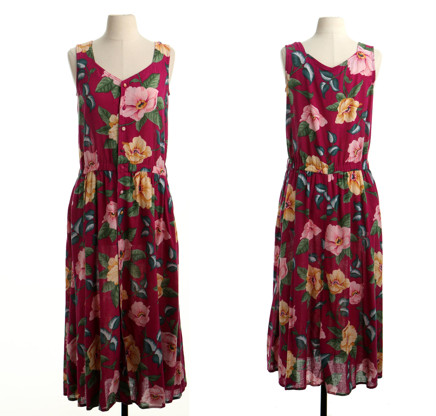 Vintage red floral print cotton dress 90's maxi summer casual button