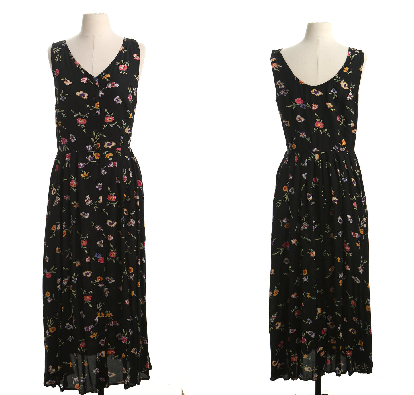 Vintage 90's summer maxi dress women floral black flower button up y2k