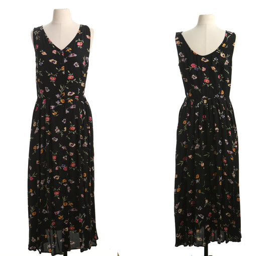 Vintage 90's summer maxi dress women floral black flower button up y2k