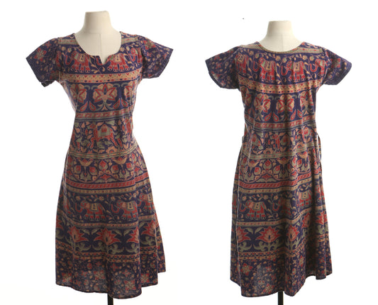 Vintage floral block print summer indian boho 70's dress women blue