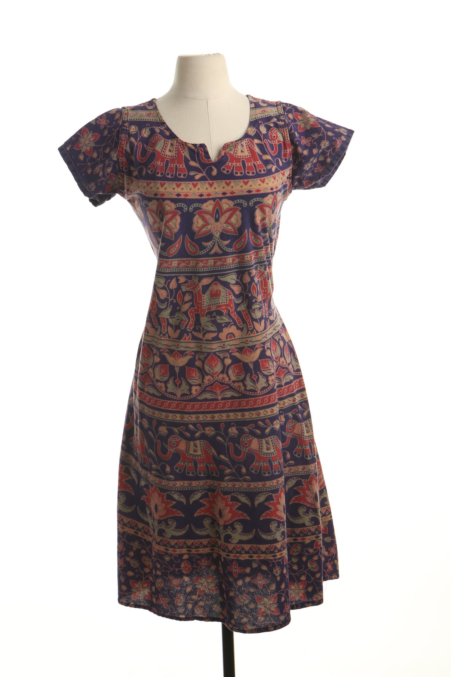 Vintage floral block print summer indian boho 70's dress women blue