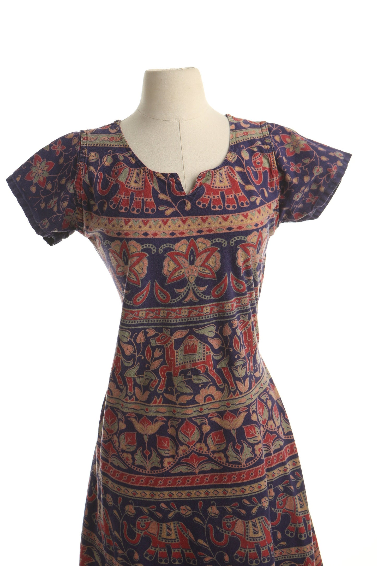 Vintage floral block print summer indian boho 70's dress women blue
